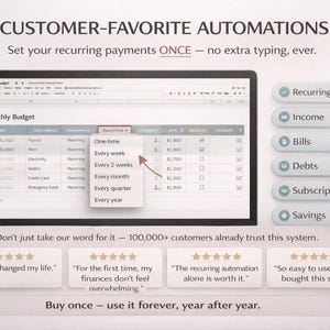 Puede incluir: Una pantalla de ordenador muestra una hoja de c&aacute;lculo de presupuesto mensual con opciones de pago recurrentes. La imagen incluye el texto "Automatizaciones favoritas de los clientes" y testimonios. El software es reutilizable a&ntilde;o tras a&ntilde;o.