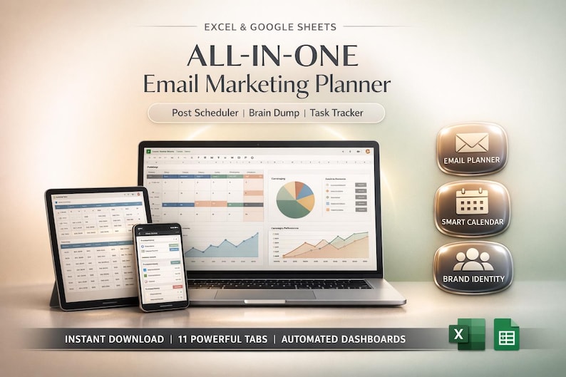 Op de afbeelding: Een alles-in-&eacute;&eacute;n e-mailmarketingplanner weergegeven op een laptop, tablet en smartphone. Het scherm toont grafieken en diagrammen. De afbeelding bevat de tekst "Excel & Google Sheets" en "Instant Download | 11 Powerful Tabs | Automated Dashboards."