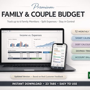 Könnte beinhalten: Ein Laptop und ein Smartphone zeigen eine Familienbudget-Oberfläche. Das Bild enthält den Text "FAMILY & COUPLE BUDGET" und bietet Optionen zur Verfolgung von Ausgaben, einen intelligenten Kalender und einen Spar-Tracker. Das Bild enthält auch den Text "INSTANT DOWNLOAD".