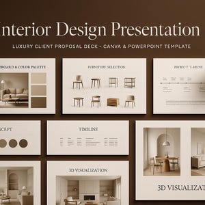 May include: A presentation template for interior design, featuring slides with text and images. The slides include mood boards, furniture selections, timelines, and 3D visualizations. The text on the slides includes "Interior Design Presentation" and "Luxury Client Proposal Deck".