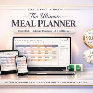 May include: A digital meal planner displayed on a laptop, tablet, and smartphone. The image includes the text "The Ultimate Meal Planner" and "Recipe Book | Automated Shopping List | 600 Recipes". Additional text includes "Trusted by 90,000+ Customers" and "Easy Setup".