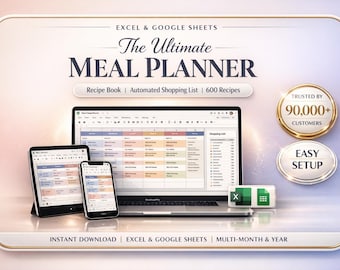 Ultieme maaltijdplanner Excel en Google Spreadsheets | Geautomatiseerde boodschappenlijst | Receptenboek | Wekelijkse maaltijdplanning