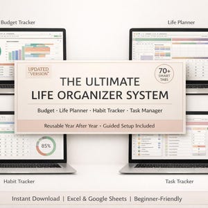 Puede incluir: Cuatro portátiles muestran diferentes aspectos de un sistema organizador de vida. El texto central dice "THE ULTIMATE LIFE ORGANIZER SYSTEM" con opciones para presupuesto, planificación de vida, seguimiento de hábitos y gestión de tareas. El sistema es reutilizable.
