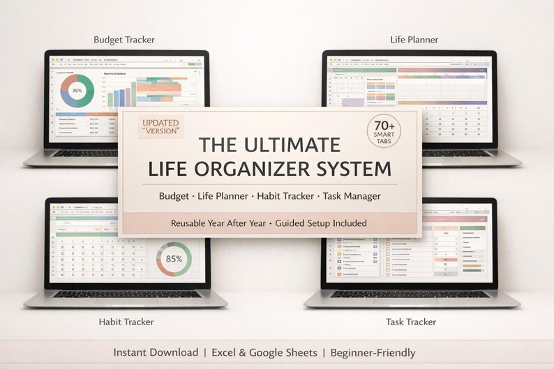 Puede incluir: Cuatro port&aacute;tiles muestran diferentes aspectos de un sistema organizador de vida. El texto central dice "THE ULTIMATE LIFE ORGANIZER SYSTEM" con opciones para presupuesto, planificaci&oacute;n de vida, seguimiento de h&aacute;bitos y gesti&oacute;n de tareas. El sistema es reutilizable.