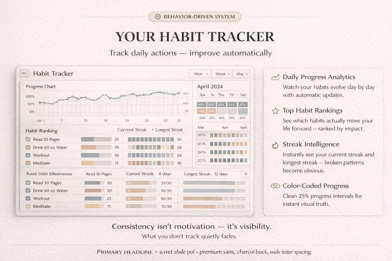 Puede incluir: Interfaz digital de seguimiento de h&aacute;bitos con fondo beige claro. El rastreador muestra un gr&aacute;fico de progreso, clasificaciones de h&aacute;bitos y an&aacute;lisis diarios. El texto incluye "YOUR HABIT TRACKER" y "Track daily actions &ndash; improve automatically."
