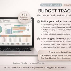 Puede incluir: Un port&aacute;til muestra un rastreador de presupuesto con gr&aacute;ficos y tablas. La pantalla muestra un gr&aacute;fico circular y gr&aacute;ficos de barras, con el texto "BUDGET TRACKER". La imagen incluye el texto "50+ Filas por categor&iacute;a" y "Descarga instant&aacute;nea".