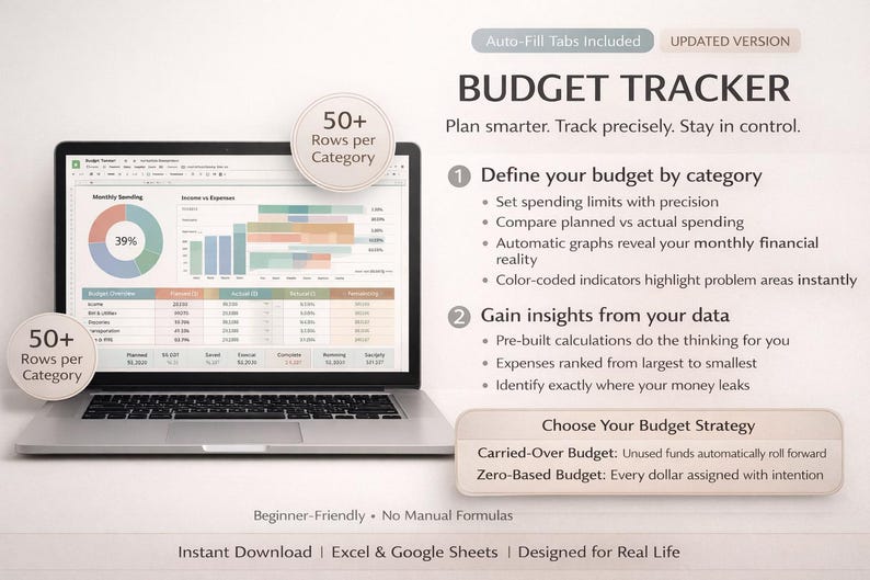 Puede incluir: Un port&aacute;til muestra un rastreador de presupuesto con gr&aacute;ficos y tablas. La pantalla muestra un gr&aacute;fico circular y gr&aacute;ficos de barras, con el texto "BUDGET TRACKER". La imagen incluye el texto "50+ Filas por categor&iacute;a" y "Descarga instant&aacute;nea".