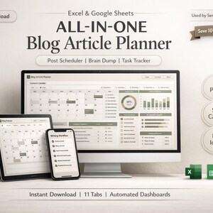 May include: An all-in-one blog article planner displayed on a desktop computer, tablet, and smartphone. The image includes the text "Instant Download" and "Save 10+ Hours Every Week". The planner features a calendar, task tracker, and automated dashboards.