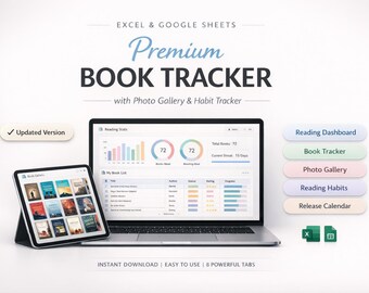 Hoja de cálculo de seguimiento de libros / Planificador de listas de lectura, Registro de diario, Panel de control / Hojas de cálculo de Excel y Google, Plantilla de regalo