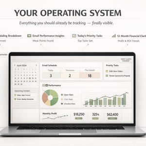 Op de afbeelding: Een laptop toont een dashboard met gegevens over e-mailplanning, prestatie-inzichten en financi&euml;le duidelijkheid. De tekst bovenaan luidt "YOUR OPERATING SYSTEM". De interface bevat een kalender, grafieken en numerieke gegevens. Het scherm toont een kalender.