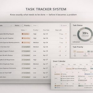K&ouml;nnte beinhalten: Digitale Benutzeroberfl&auml;che eines Task-Tracker-Systems mit sauberem, minimalistischem Design. Die Oberfl&auml;che zeigt Aufgabenstatus, Priorit&auml;t und F&auml;lligkeitsdaten mit einer intelligenten Kalenderansicht an. Der Text lautet: "TASK TRACKER SYSTEM Wissen Sie genau, was zu tun ist &ndash; bevor es zum Problem wird."
