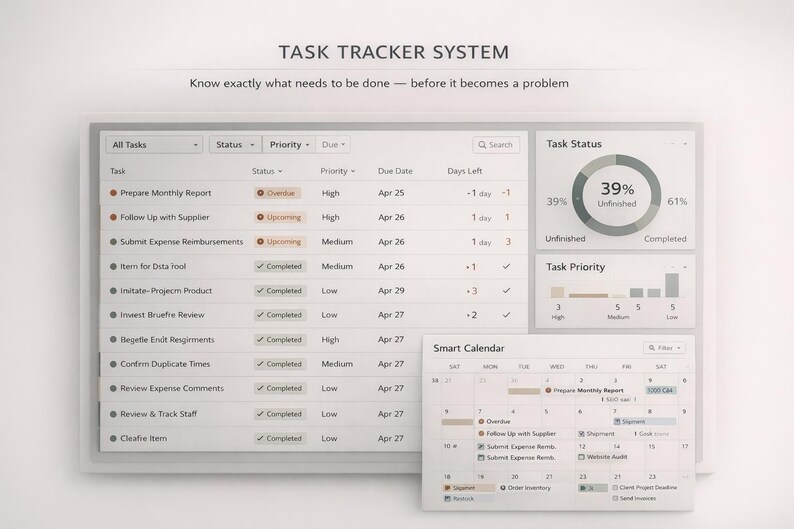 K&ouml;nnte beinhalten: Digitale Benutzeroberfl&auml;che eines Task-Tracker-Systems mit sauberem, minimalistischem Design. Die Oberfl&auml;che zeigt Aufgabenstatus, Priorit&auml;t und F&auml;lligkeitsdaten mit einer intelligenten Kalenderansicht an. Der Text lautet: "TASK TRACKER SYSTEM Wissen Sie genau, was zu tun ist &ndash; bevor es zum Problem wird."