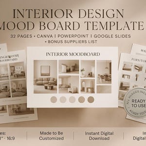 Peut inclure: Un modèle de mood board de design d'intérieur beige avec le texte "INTERIOR DESIGN MOOD BOARD TEMPLATE". Le modèle comprend 32 pages, Canva, PowerPoint, Google Slides et une liste de fournisseurs bonus. Disponible en A3, 43.2x27.9cm et 16:9.