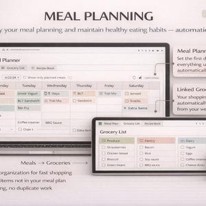 Puede incluir: Un port&aacute;til y una tableta muestran una aplicaci&oacute;n de planificaci&oacute;n de comidas con un planificador semanal y una lista de compras vinculada. La interfaz incluye planificaci&oacute;n de comidas, listas de compras y libros de recetas. El texto dice "MEAL PLANNING" y "Simplifique su planificaci&oacute;n de comidas y mantenga h&aacute;bitos alimenticios saludables - autom&aacute;ticamente."