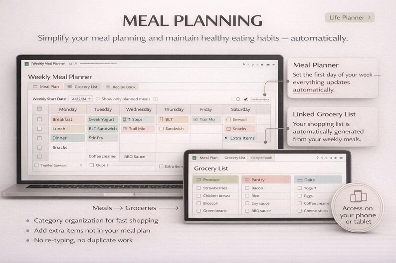 Puede incluir: Un port&aacute;til y una tableta muestran una aplicaci&oacute;n de planificaci&oacute;n de comidas con un planificador semanal y una lista de compras vinculada. La interfaz incluye planificaci&oacute;n de comidas, listas de compras y libros de recetas. El texto dice "MEAL PLANNING" y "Simplifique su planificaci&oacute;n de comidas y mantenga h&aacute;bitos alimenticios saludables - autom&aacute;ticamente."