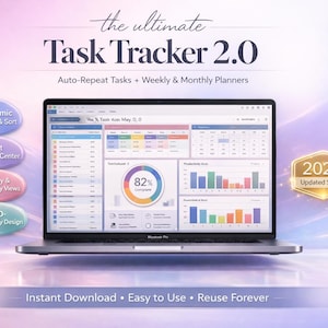 May include: A laptop displaying the "Task Tracker 2.0" interface, featuring charts and data visualizations. The screen shows a progress bar at 82% complete. The image includes the text "Instant Download • Easy to Use • Reuse Forever" and "2026 Updated System."