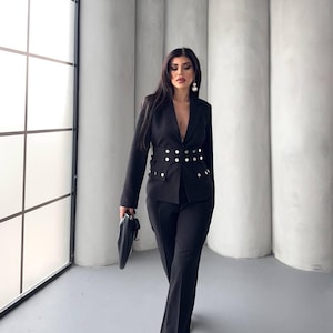 Womens Elegant Pantsuit Set Double Breasted Blazer High Waist Trousers Formal Office Wedding Guest Outfit