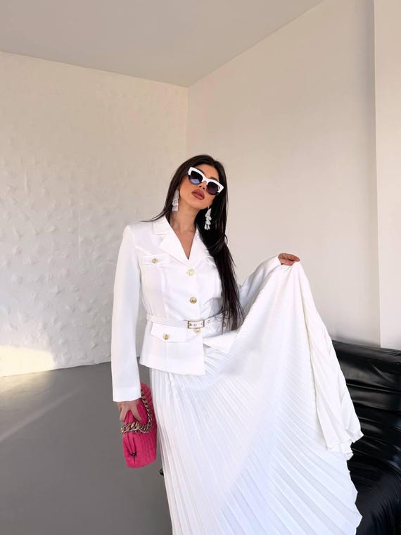 suit dress with pleated skirt Pleated Maxi Skirt Suit: Women's Blazer Jacket, Gold Buttons - Formal  Modest Outfit