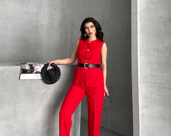 Sleeveless Womens Pantsuit Belted Vest Blazer and Straight Leg Trousers Chic Two Piece Set