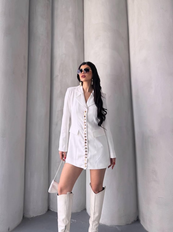 Elegant Blazer Dress: Long Sleeve Mini with Gold Buttons Elegant Blazer Dress: Long Sleeve Mini with Gold Buttons