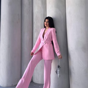 Womens Belted Blazer Pantsuit Elegant Two Piece Suit with Wide Leg Trousers Formal, Business Evening Wear