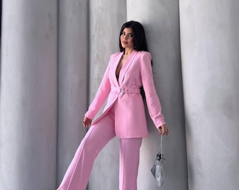 Belted Blazer Pantsuit: Women's Wide Leg Two Piece Suit