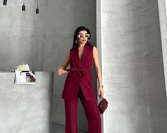 Ärmelloser Blazer & Hose mit weitem Bein im Set: Eleganter Damen-Zweiteiler