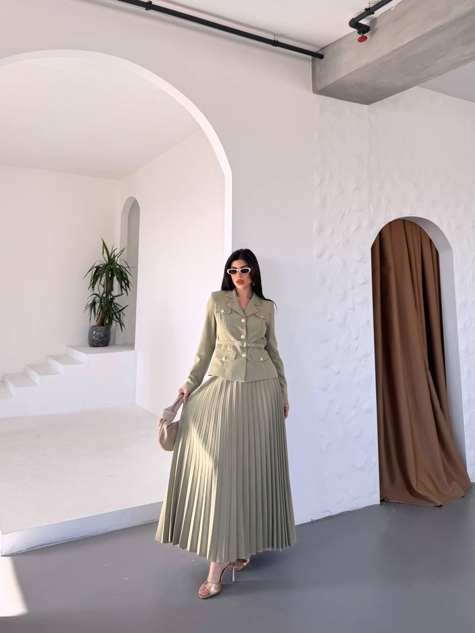 Pleated Maxi Skirt Suit: Women's Blazer Jacket, Gold Buttons - Formal Modest Outfit