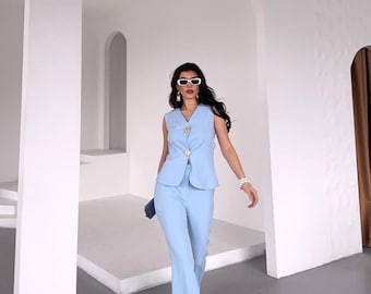 Damen Zweiteiler Hosenanzug Ärmellose Blazer Weste Gerades Bein Hose Elegante Maßanzug