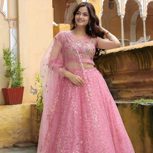 Pink Embroidered Net Lehenga Choli with Dupatta | Indian Wedding Outfit | Party Wear Bridal Dress | Readymade Ethnic Set for Women
