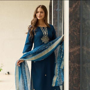 Navy Blue Embroidered Salwar Suit Set with Dupatta, Indian Ethnic Wear for Women, Festive Party Kurta Palazzo