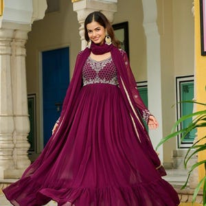 Wine Anarkali Dress for Women | Party Wear Indian Gown with Embroidery | Ethnic Outfit