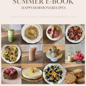 Op de afbeelding: Een beige e-book cover met de titel "SUMMER E-BOOK" en de tekst "HAPPYHORMONERECIPES". De afbeelding toont een collage van gezonde zomerrecepten, waaronder salades, smoothies en desserts. De tekst "Upgrade your summer cooking with inspiring recipes!" is ook aanwezig.