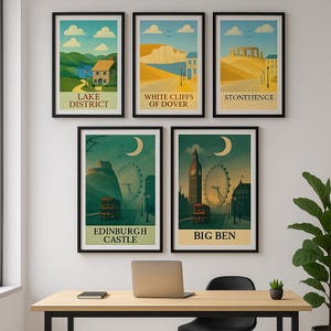May include: Five framed travel posters showcasing British and international landmarks: Lake District, White Cliffs of Dover, Stonehenge, Edinburgh Castle, and Big Ben. Each poster has a vintage style with a black frame and a cream background.