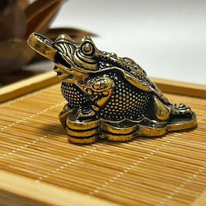 May include: A detailed brass frog figurine with a coin in its mouth, resting on a bamboo tray. The frog is intricately designed with textured skin and detailed features. The figurine has a golden hue and is a decorative item.