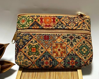 Monedero de corcho con diseño floral retro y doble cremallera