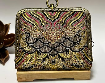 Porta carte di credito in broccato vintage - Portafoglio sottile antifurto, motivo tradizionale a onde e nuvole