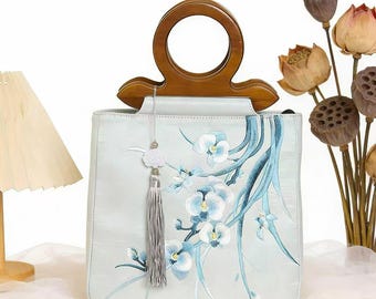 Elegante borsetta in stile cinese ricamata con motivo di orchidee - Borsa a mano con manici in legno, perfetta per il Cheongsam.