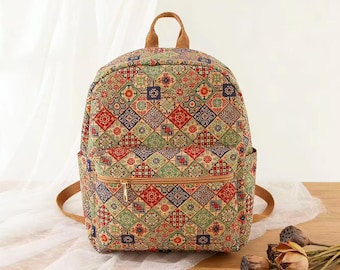 Zaino in sughero vintage - Zaino da viaggio leggero e capiente | Borsa a tracolla con motivo floreale retrò