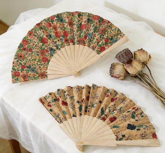 Vintage Floral Cork Hand Fan - Chinese Style Folding Fan