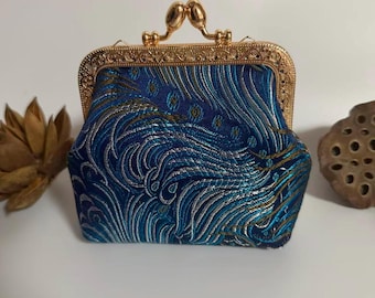 Portamonete in broccato di seta blu pavone – Borsa con cornice Kisslock vintage