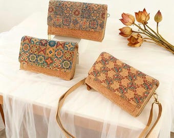 Boho Kork Umhängetasche - Portugesische Kork Geldbörse mit Handytasche