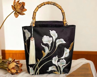 Embroidered Lily Bucket Bag with Bamboo Handle - Cheongsam Banquet Handbag with Tassel
