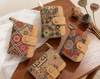 Portafoglio in sughero con stampa floreale vintage - Porta carte multifunzionale, borsa in sughero portoghese ecologica