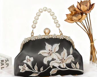 Vintage Embroidered Cheongsam Handbag, Pearl Handle Qipao Clutch, Chinese Style Banquet Purse, Mother's Day Gift