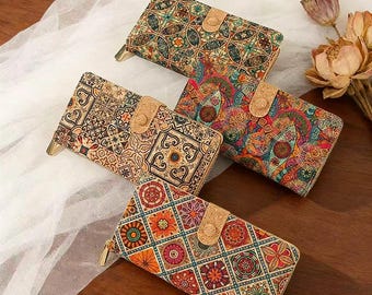 Vintage gedruckte portugiesische Kork-Geldbörse, multifunktionale Druckknopf-Clutch mit Kartenfächern und Handytasche