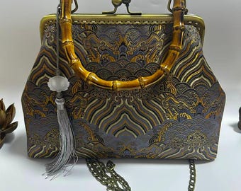 Vintage Brocade Handbag – Bamboo Handle, Oriental Clutch with Tassel