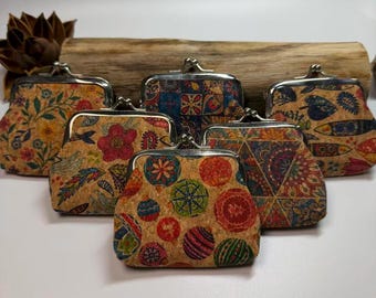 Portamonete vintage in sughero / Pochette con chiusura a scatto e stampa etnica