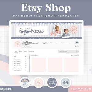 Kit de banner para tienda Etsy - Diseño de boutique para niños y bebés - Kit de marca en tonos pastel arcoíris - Canva