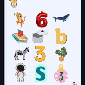 Może przedstawiać: Edukacyjny arkusz ćwiczeń dla dzieci z tekstem "Czy widzisz liczby przede mną?" z ilustracjami czerwonego balonu z numerem 6, zebry, niebieskiego wieloryba i innych przedmiotów. Arkusz zawiera litery "b" i "s" oraz liczbę 3.